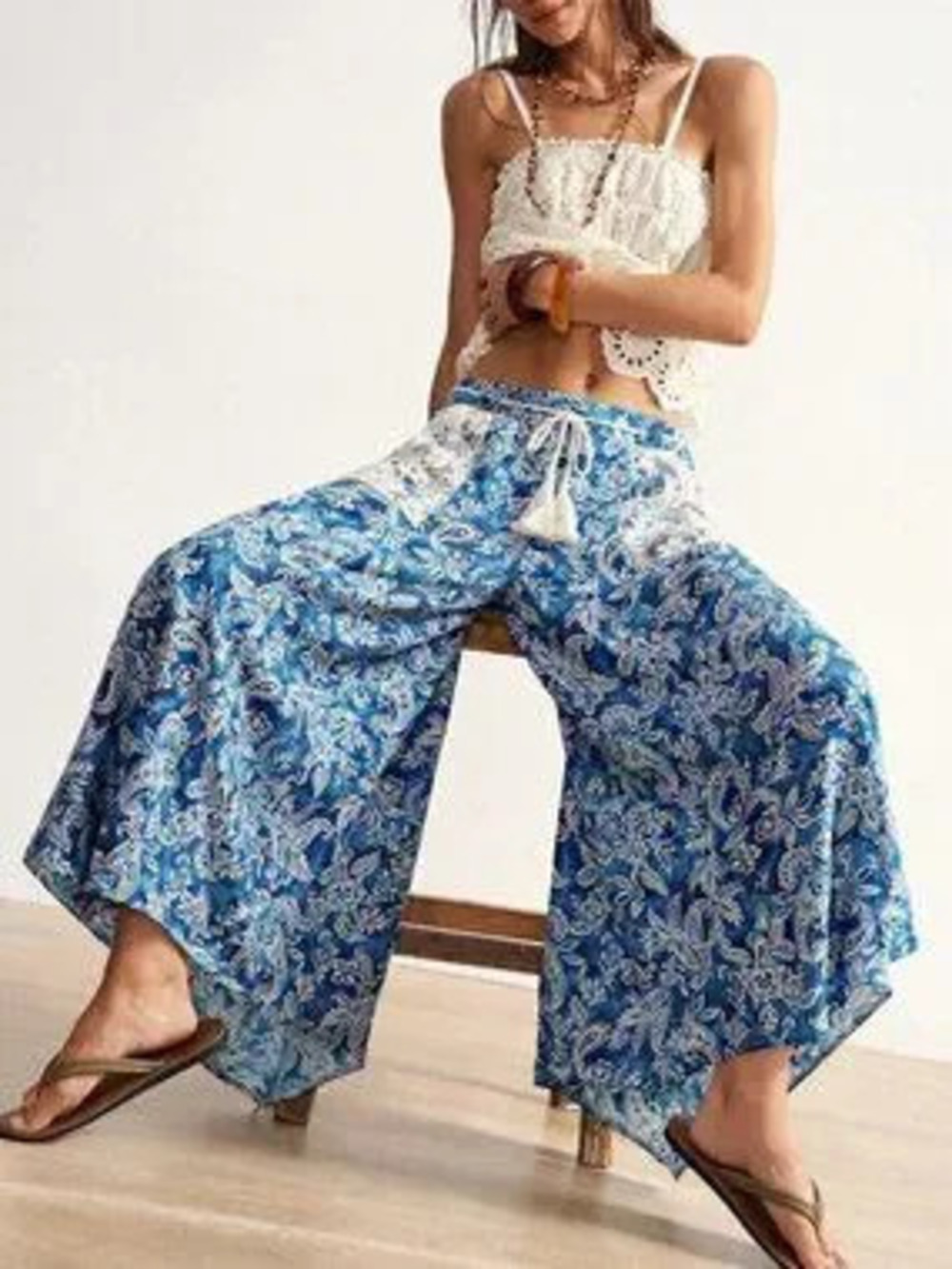 ZARA Blue Boho Women's Loose Printed Wide Leg Pants